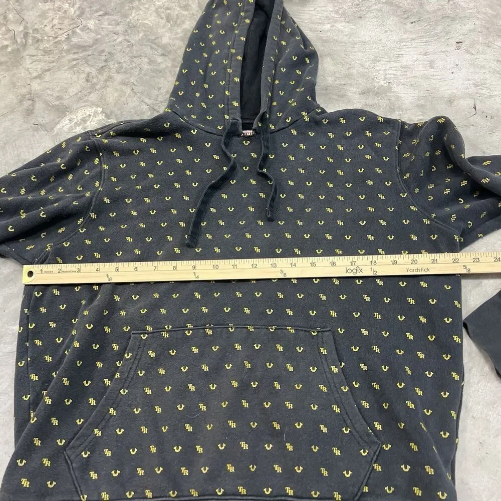 True Religion Mens Large Black Hoodie Sweater All Over Logo Print Pullover READ